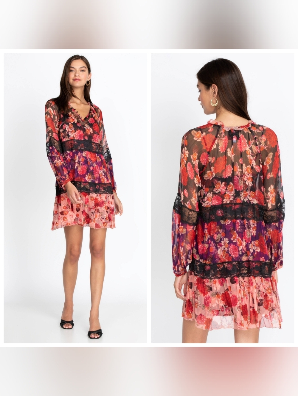Johnny Was Jade Natasha Mini Dress Silk Floral Lace Boho Sheer Long Sleeve S